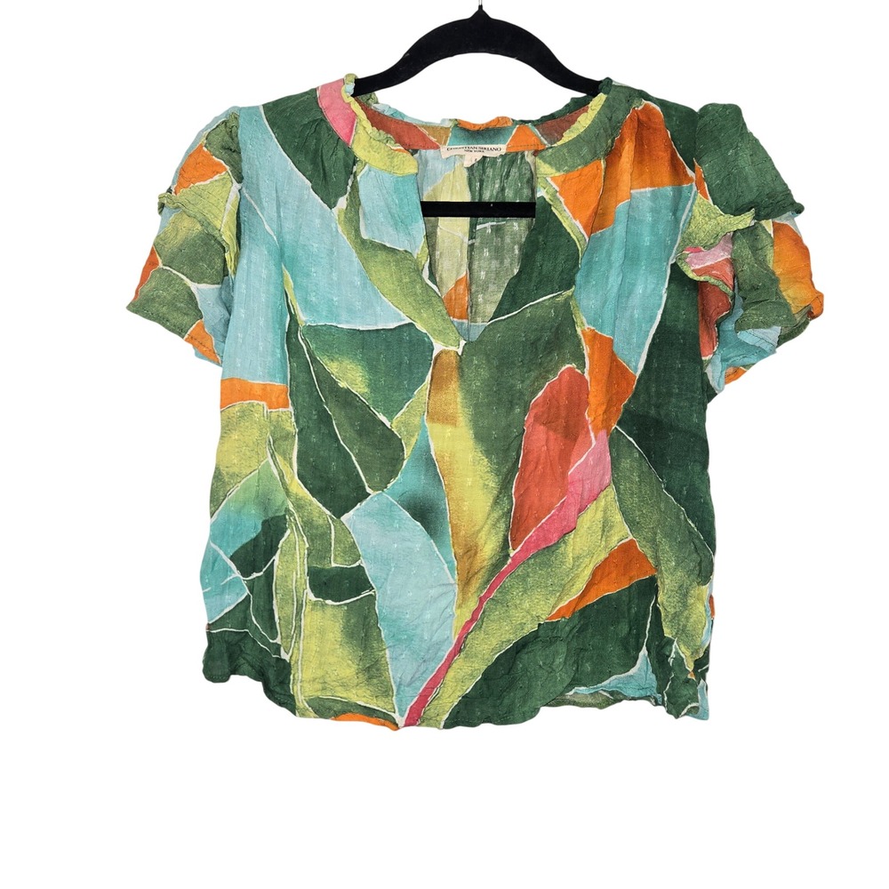 Christian Siriano New York Womens Abstract Leaf Print Ruffle Sleeve Blouse Small